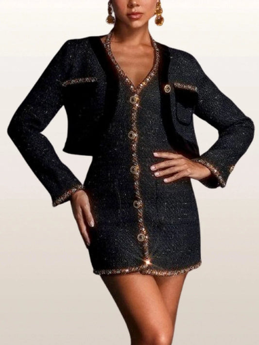 Crystal-Embellished Cropped Tweed Jacket and Dress Set - Small - Suits & Sets