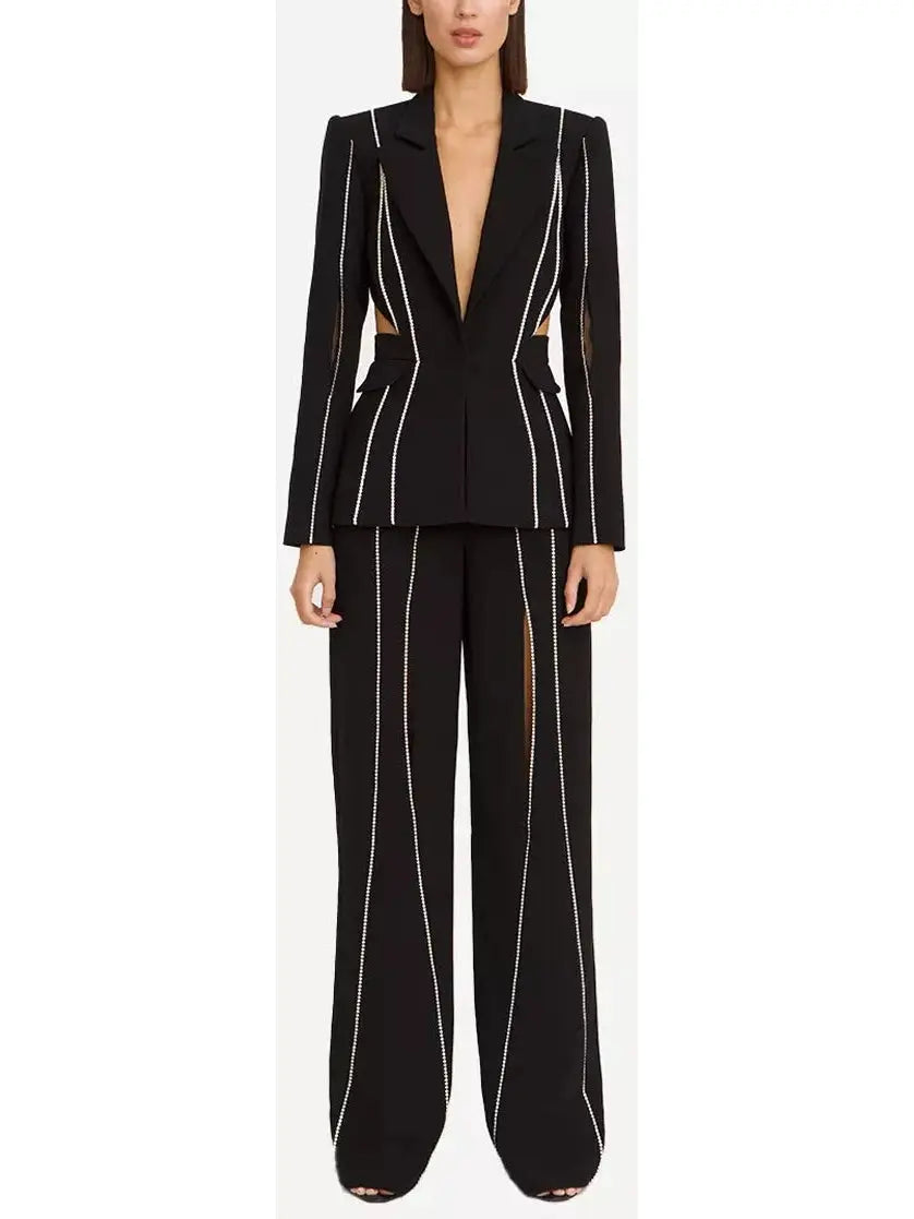 Crystal Embellished Cut-Out Blazer and Pant Suit - small - Suits & Sets