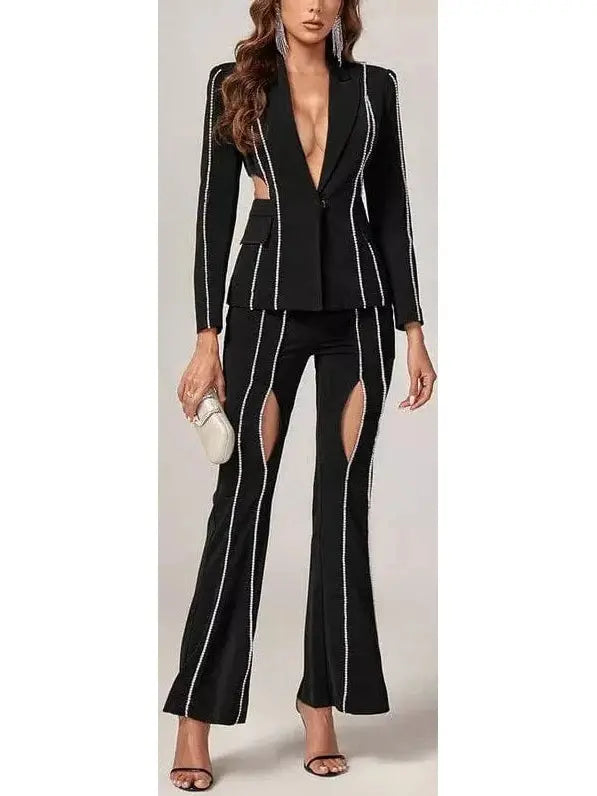 Crystal Embellished Cut-Out Blazer and Pant Suit - Suits & Sets