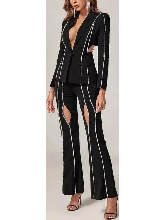 Crystal Embellished Cut-Out Blazer and Pant Suit - Suits & Sets