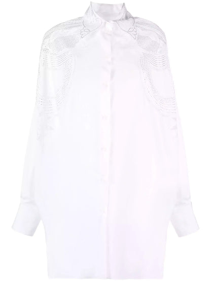 Crystal Embellished Cut-Out White Blouse - Tops
