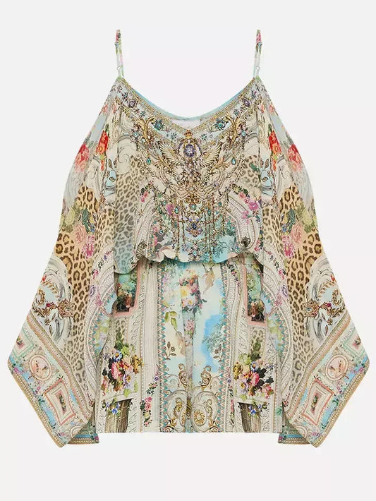 Crystal-Embellished Drop-Shoulder Printed Silk Playsuit - S - Suits & Sets