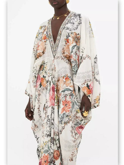 Crystal-Embellished Floral-Print V-Neck Kaftan Dress - Dresses