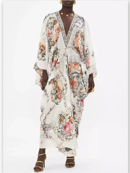 Crystal-Embellished Floral-Print V-Neck Kaftan Dress - Dresses