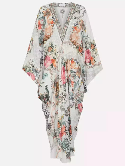 Crystal-Embellished Floral-Print V-Neck Kaftan Dress - Dresses