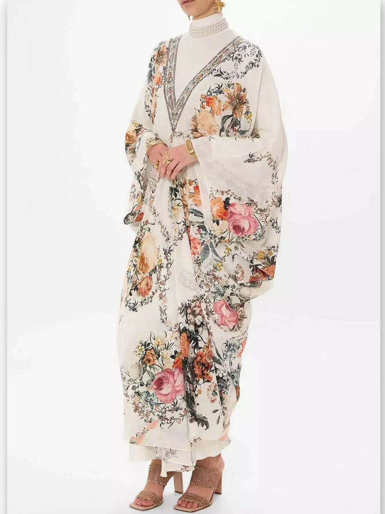 Crystal-Embellished Floral-Print V-Neck Kaftan Dress - Dresses