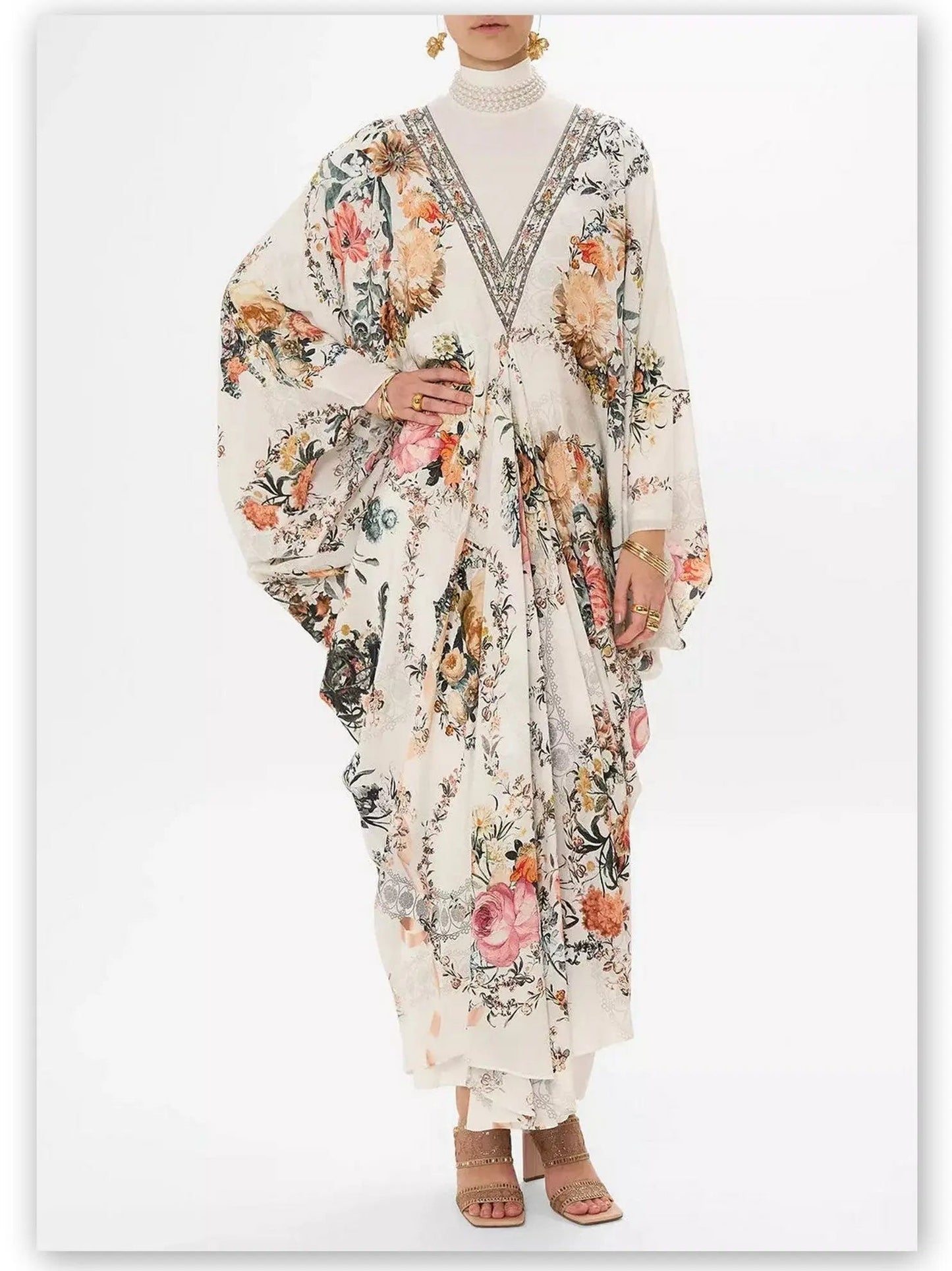 Crystal-Embellished Floral-Print V-Neck Kaftan Dress - Dresses