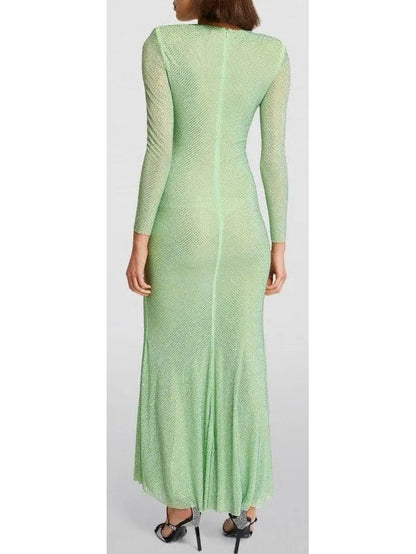 Crystal-Embellished Green Maxi Dress - Dresses