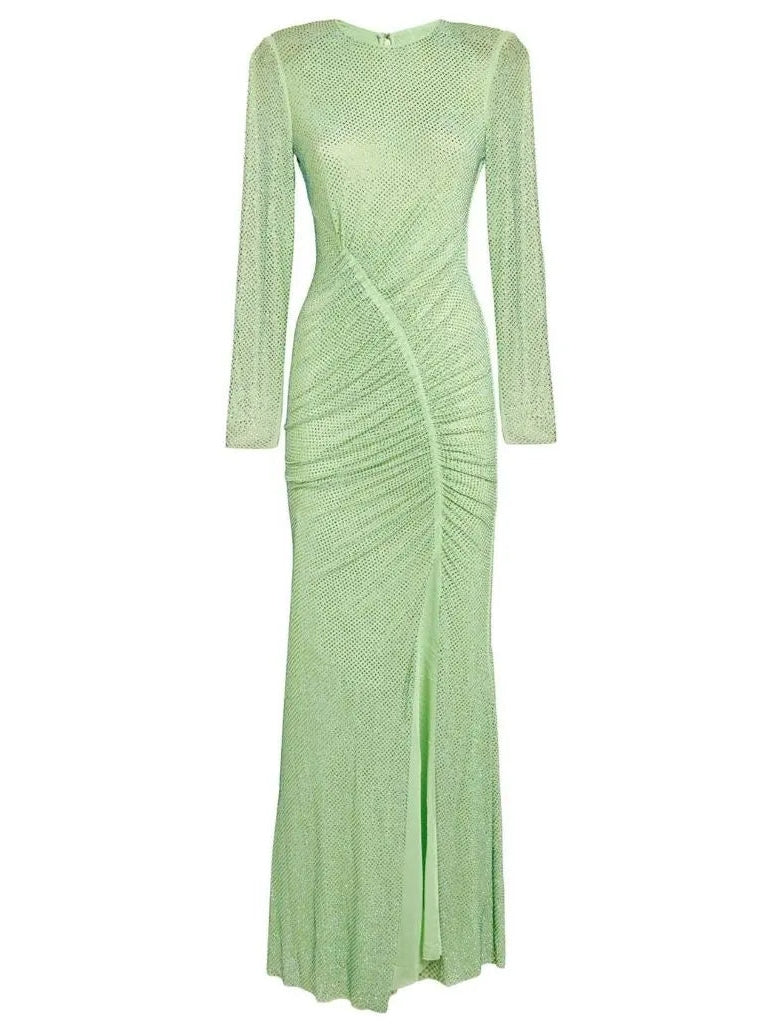 Crystal-Embellished Green Maxi Dress - Dresses