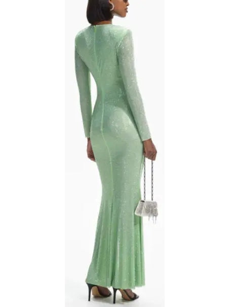 Crystal-Embellished Green Maxi Dress - Dresses