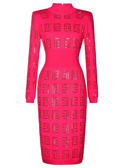 Crystal-Embellished High-Neck Stretch Knit Dress - Dresses