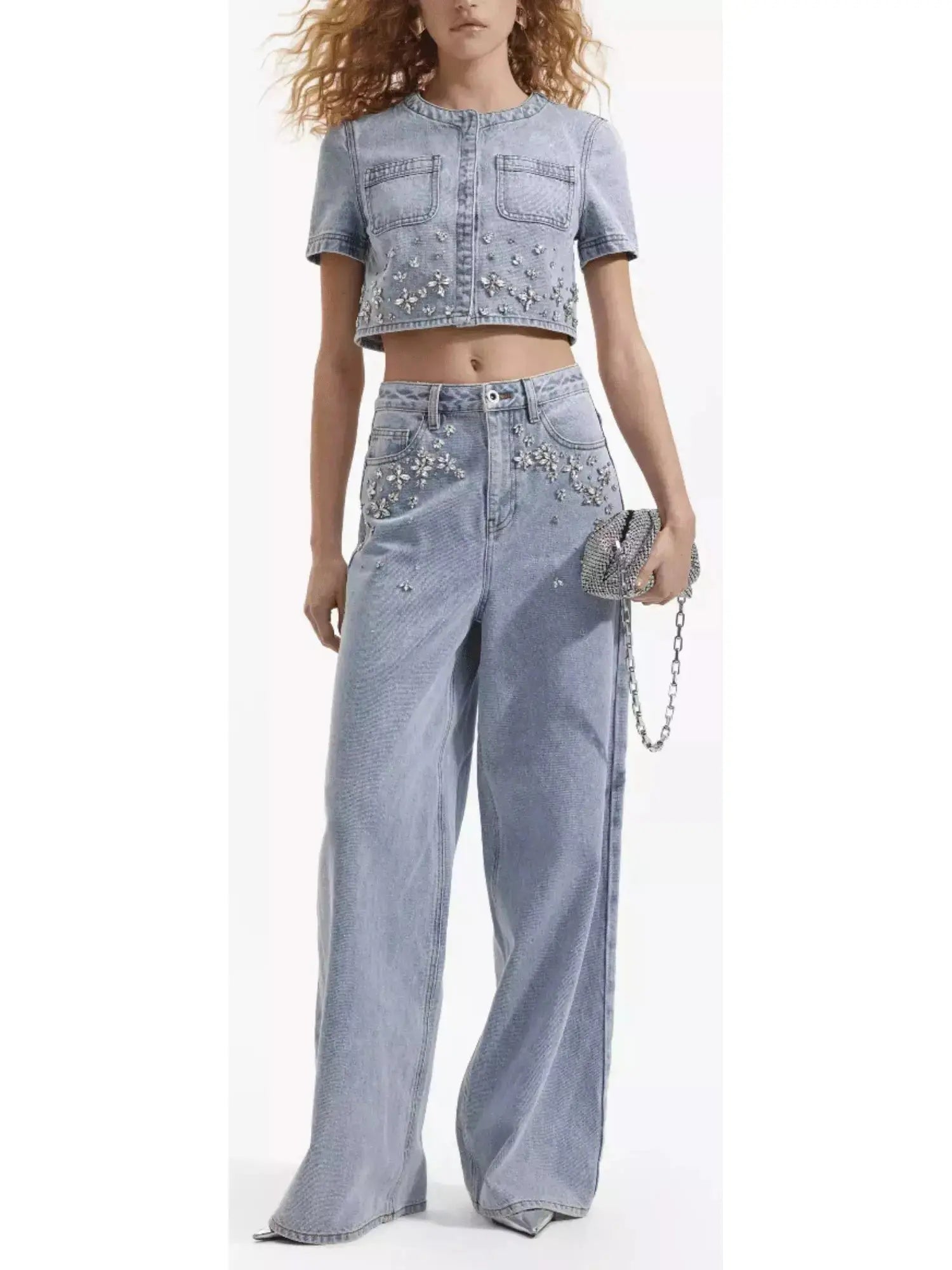 Crystal-Embellished High-Waisted Relaxed Fit Denim Wide Leg Jeans - Jeans & Pants