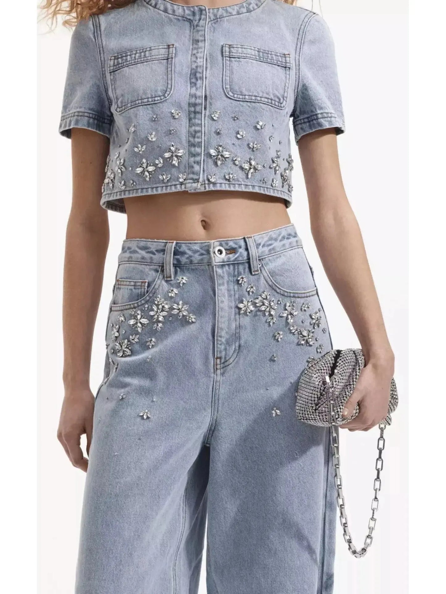 Crystal-Embellished High-Waisted Relaxed Fit Denim Wide Leg Jeans - Jeans & Pants