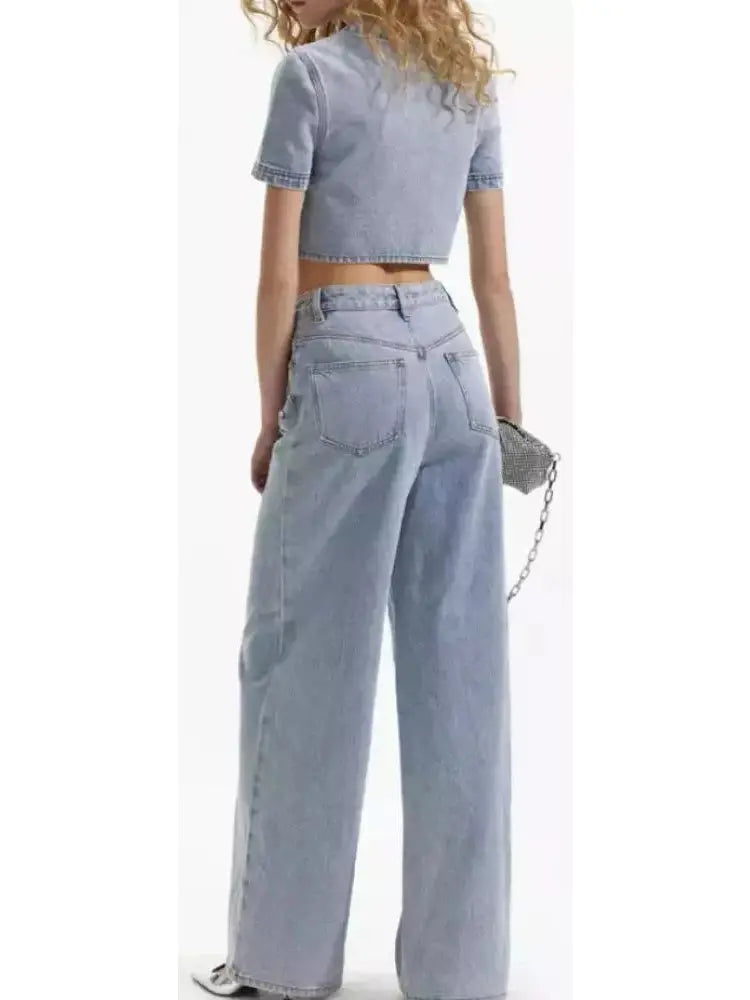 Crystal-Embellished High-Waisted Relaxed Fit Denim Wide Leg Jeans - Jeans & Pants