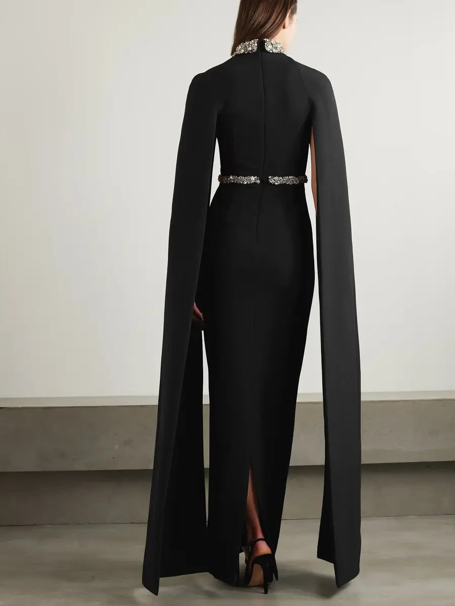 Crystal-Embellished Long Black Crepe Gown with Cape Sleeves - Dresses