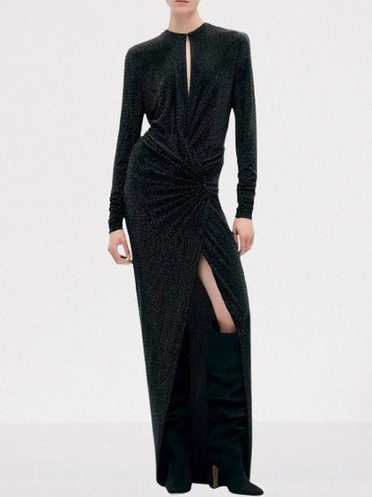 Crystal-Embellished Long Black Gathered Evening Dress - Dresses