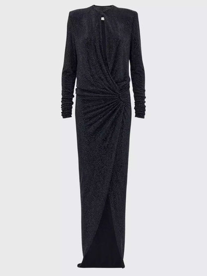 Crystal-Embellished Long Black Gathered Evening Dress - Dresses