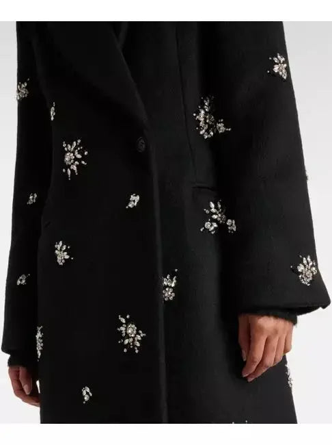 Crystal-Embellished Long Black Wool Double-Breasted Coat - Coats