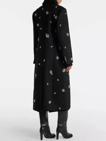 Crystal-Embellished Long Black Wool Double-Breasted Coat - Coats