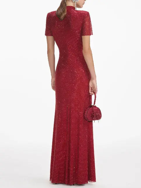 Crystal-Embellished Long Red Gown - Dresses