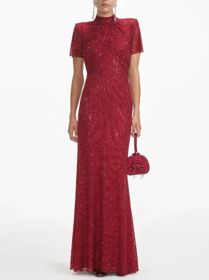 Crystal-Embellished Long Red Gown - Dresses