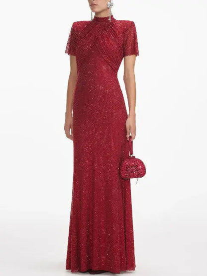 Crystal-Embellished Long Red Gown - Dresses