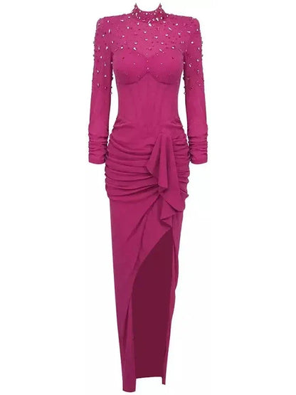 Crystal-Embellished Long-Sleeve Corset Dress in Fuchsia - Dresses