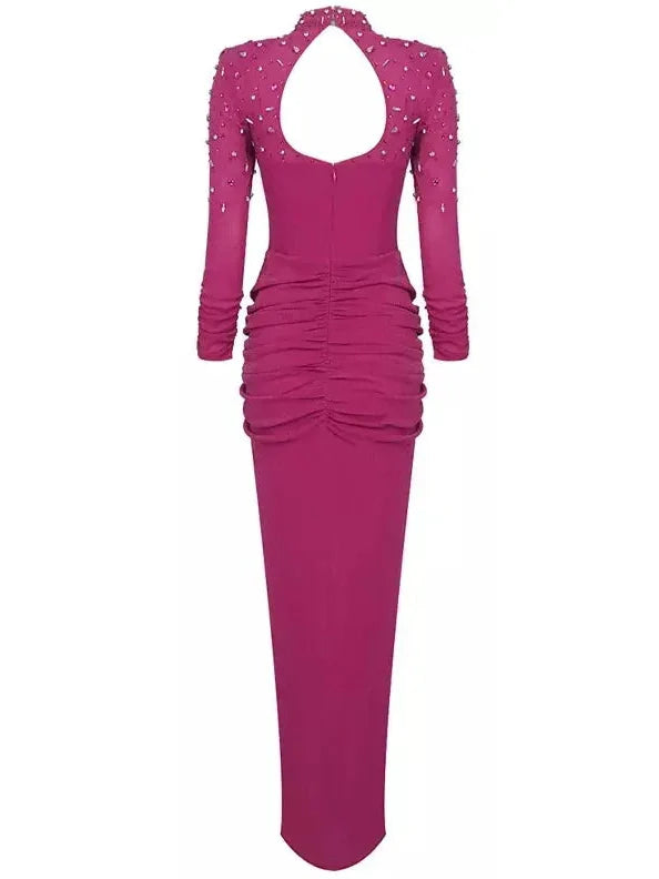 Crystal-Embellished Long-Sleeve Corset Dress in Fuchsia - Dresses