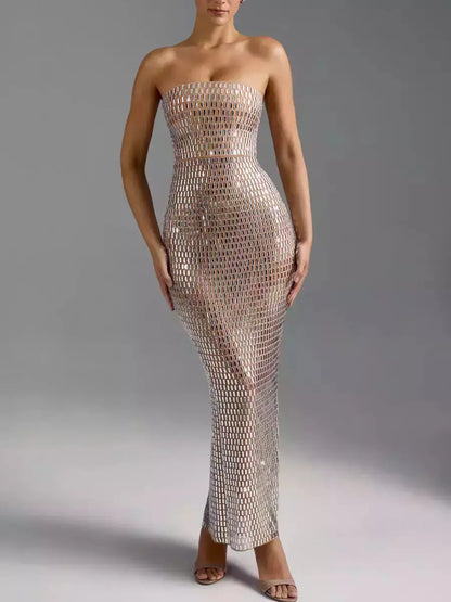 Crystal-Embellished Long Strapless Tube Dress - Dresses