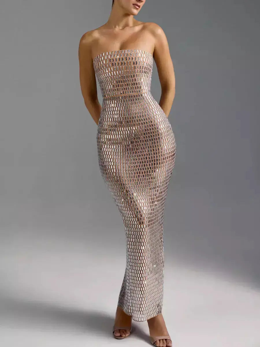 Crystal-Embellished Long Strapless Tube Dress - Dresses