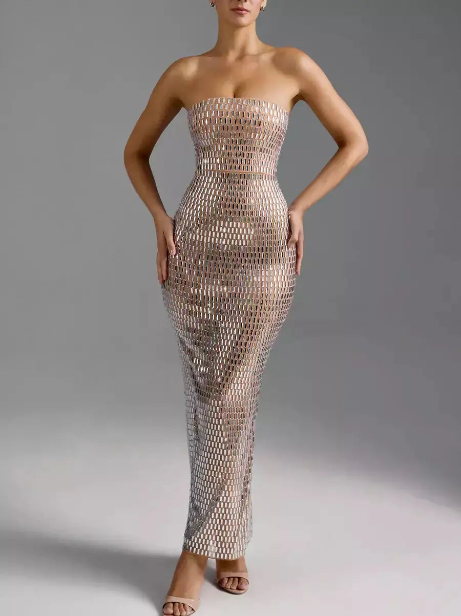 Crystal-Embellished Long Strapless Tube Dress - Dresses