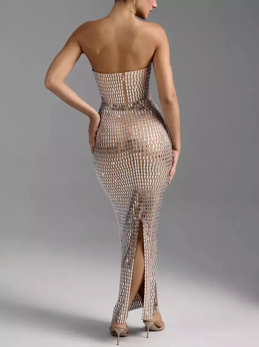 Crystal-Embellished Long Strapless Tube Dress - Dresses