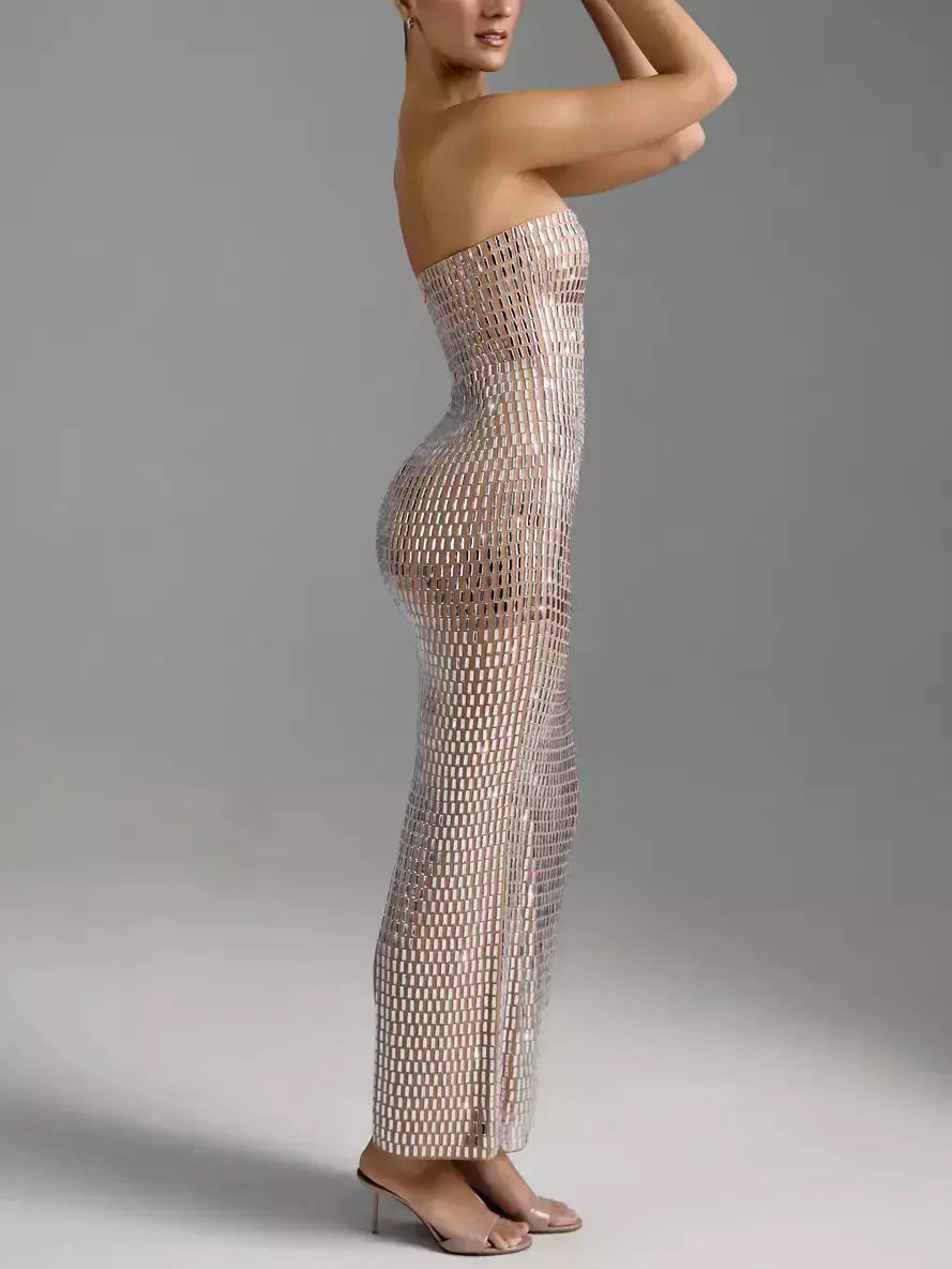 Crystal-Embellished Long Strapless Tube Dress - Dresses