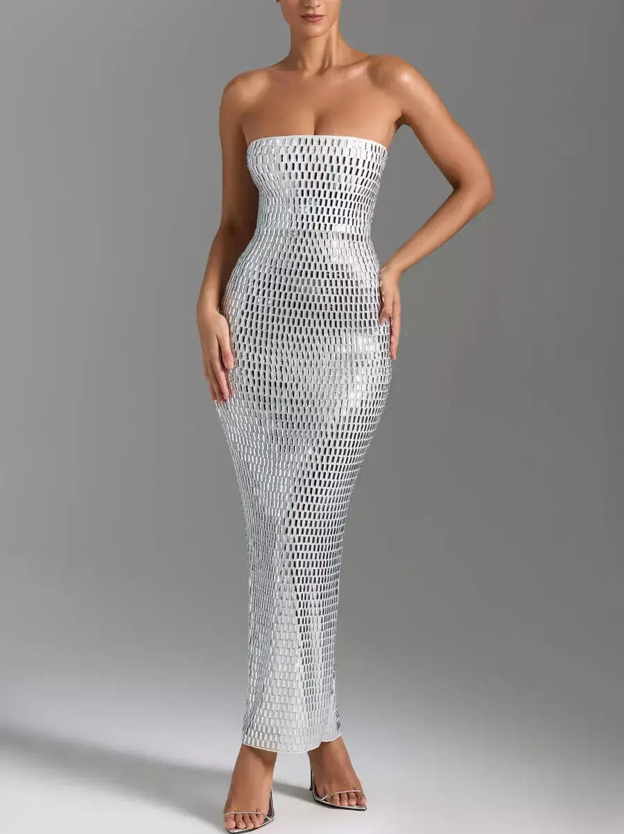 Crystal-Embellished Long Strapless Tube Dress - Dresses