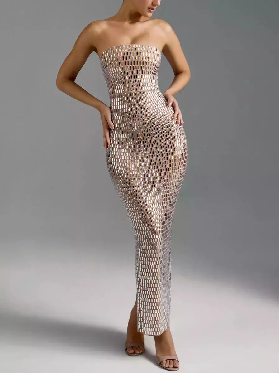 Crystal-Embellished Long Strapless Tube Dress - Dresses