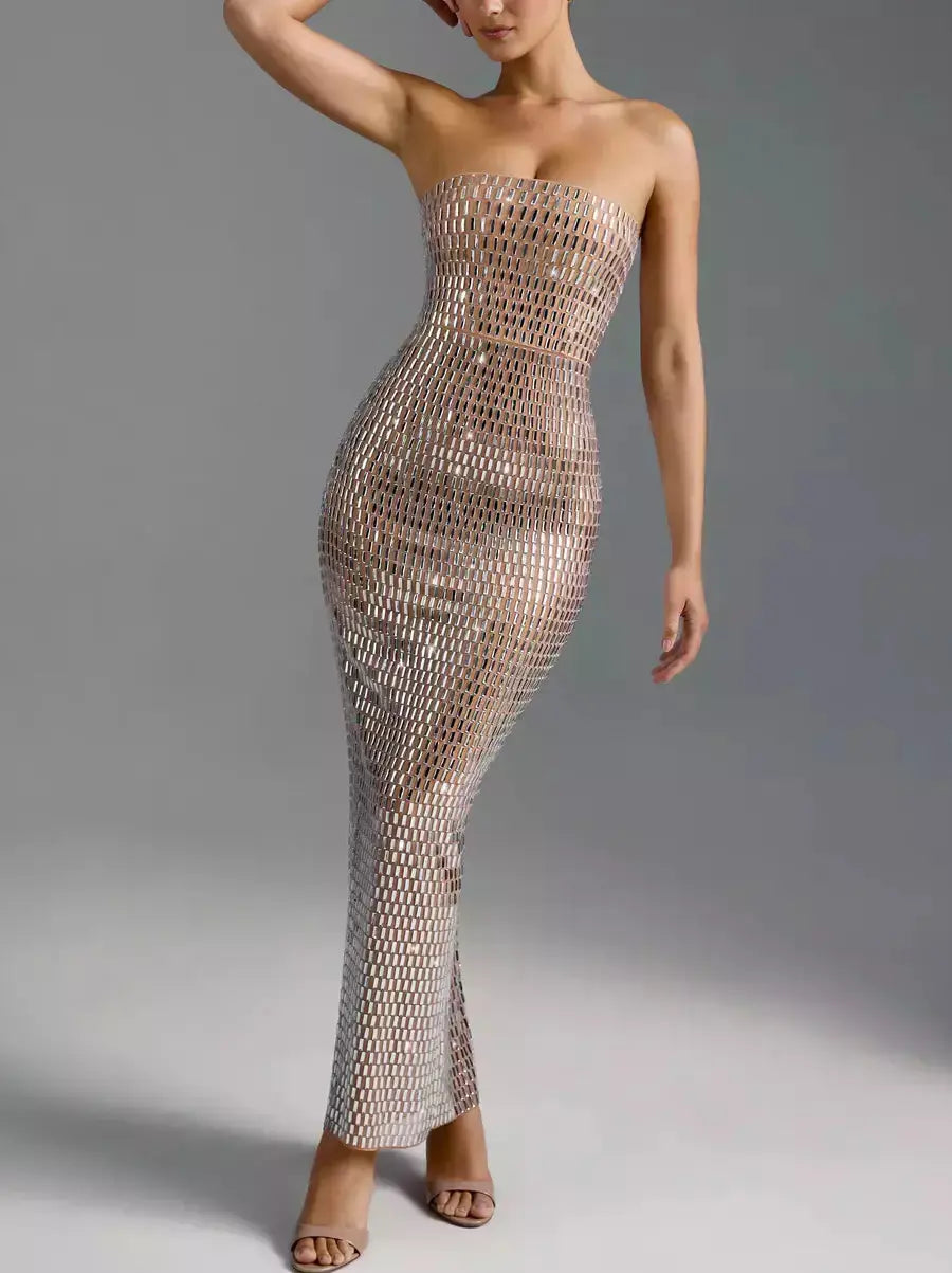 Crystal-Embellished Long Strapless Tube Dress - Dresses