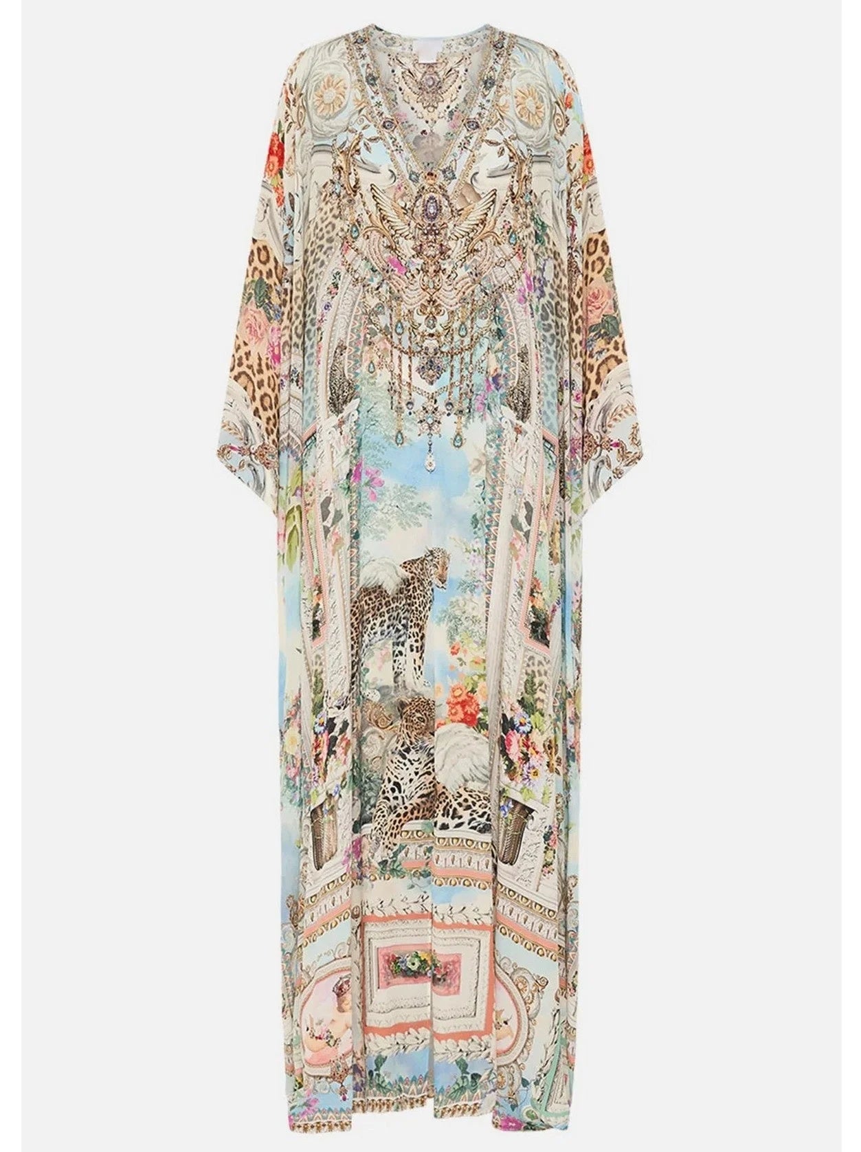 Crystal-Embellished Long V-Neck Silk Kaftan Dress - One size - Dresses