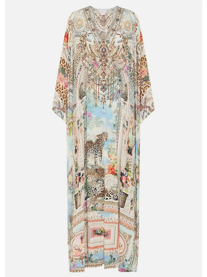Crystal-Embellished Long V-Neck Silk Kaftan Dress - One size - Dresses