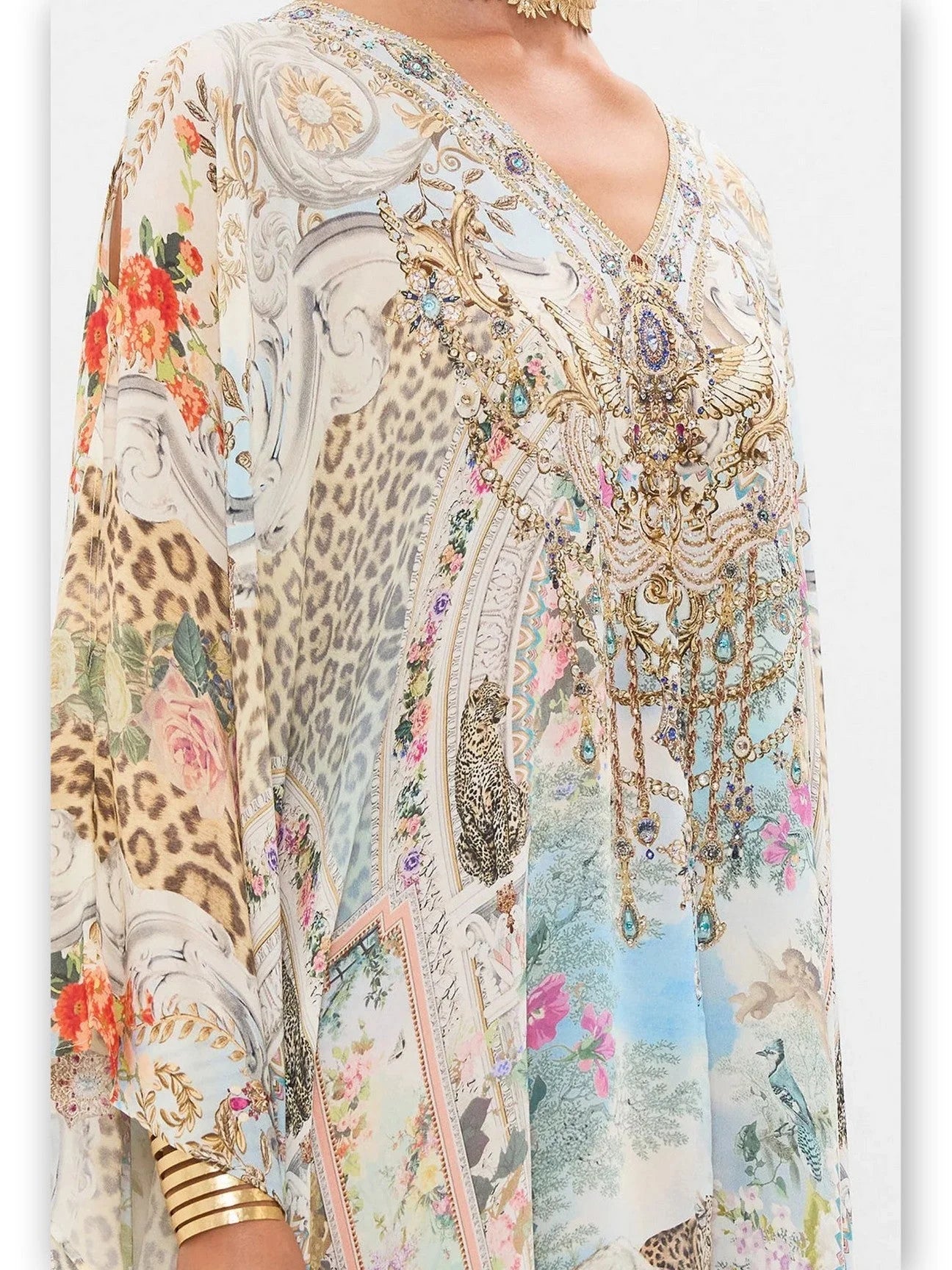 Crystal-Embellished Long V-Neck Silk Kaftan Dress - One size - Dresses