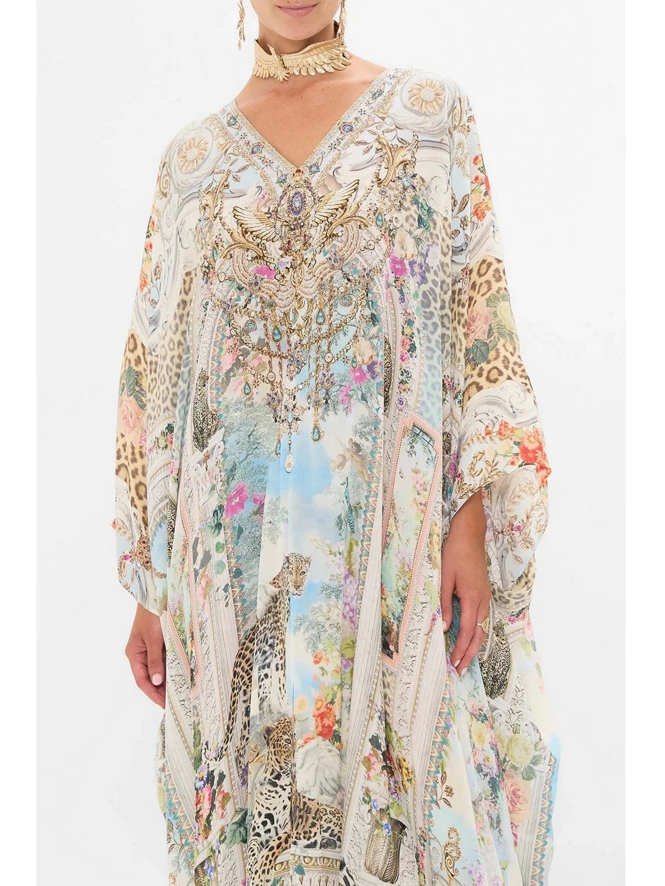 Crystal-Embellished Long V-Neck Silk Kaftan Dress - One size - Dresses