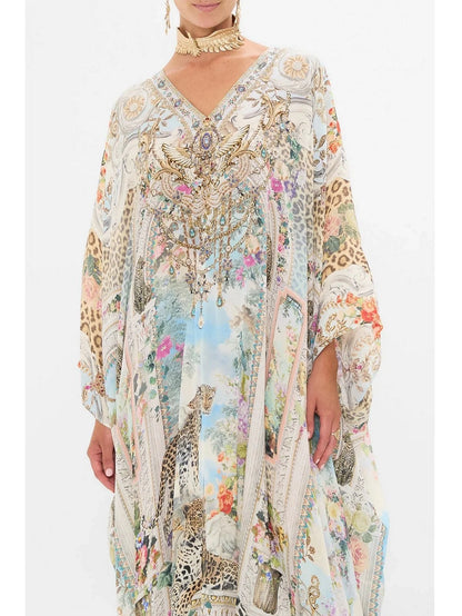 Crystal-Embellished Long V-Neck Silk Kaftan Dress - One size - Dresses