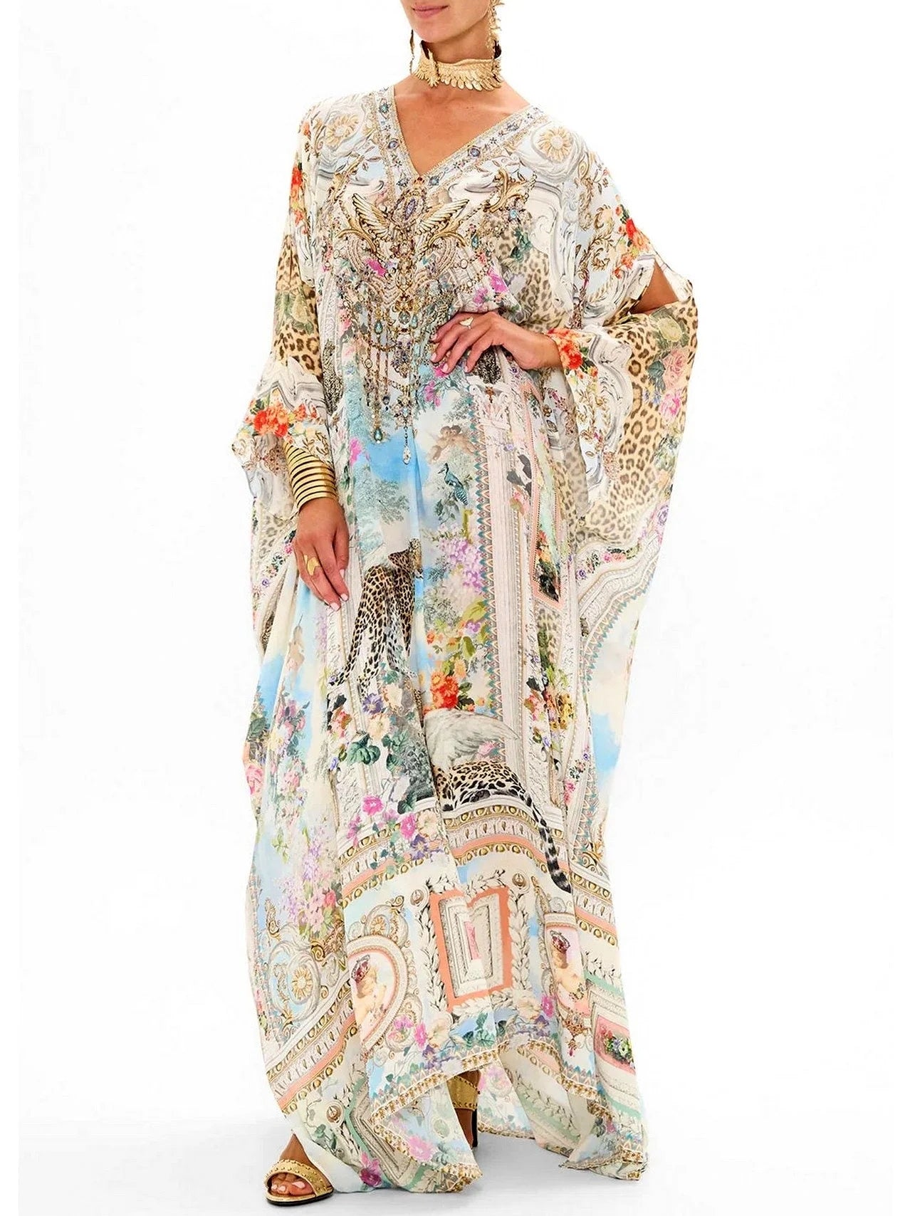 Crystal-Embellished Long V-Neck Silk Kaftan Dress - One size - Dresses