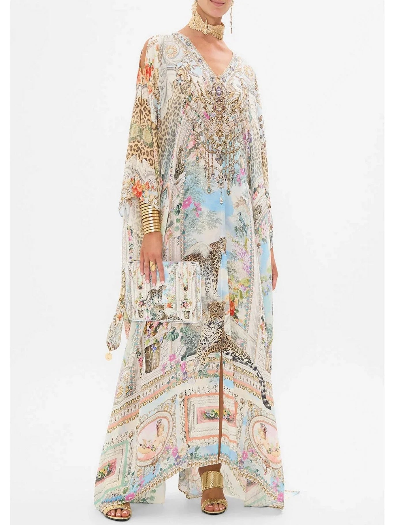 Crystal-Embellished Long V-Neck Silk Kaftan Dress - One size - Dresses