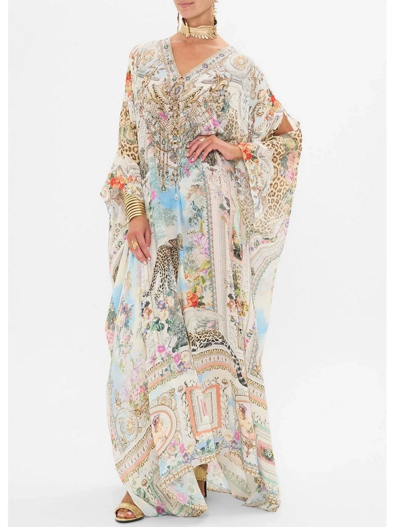 Crystal-Embellished Long V-Neck Silk Kaftan Dress - One size - Dresses