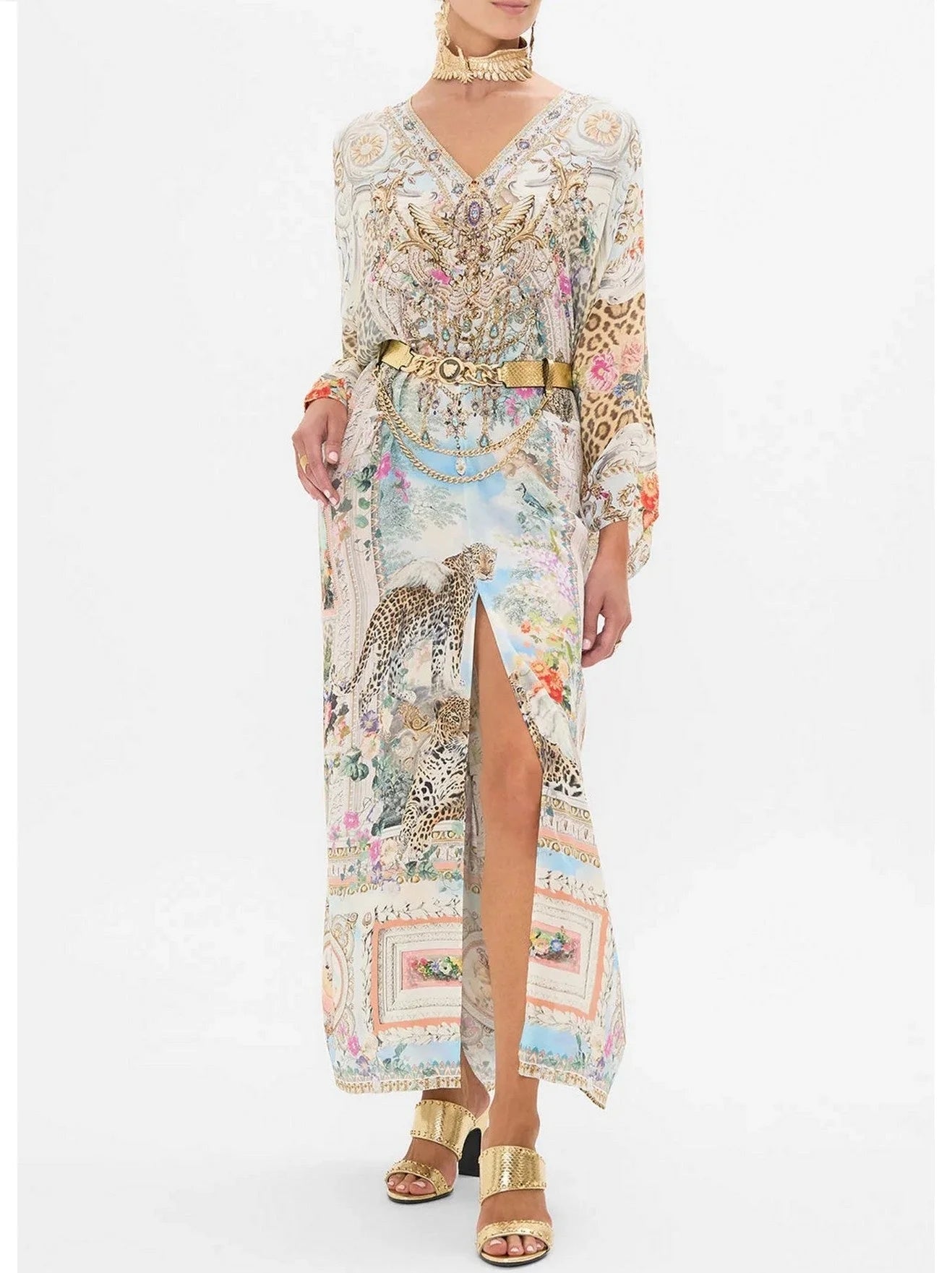 Crystal-Embellished Long V-Neck Silk Kaftan Dress - One size - Dresses