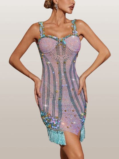 Crystal Embellished Mini Dress with Tassels - Dresses