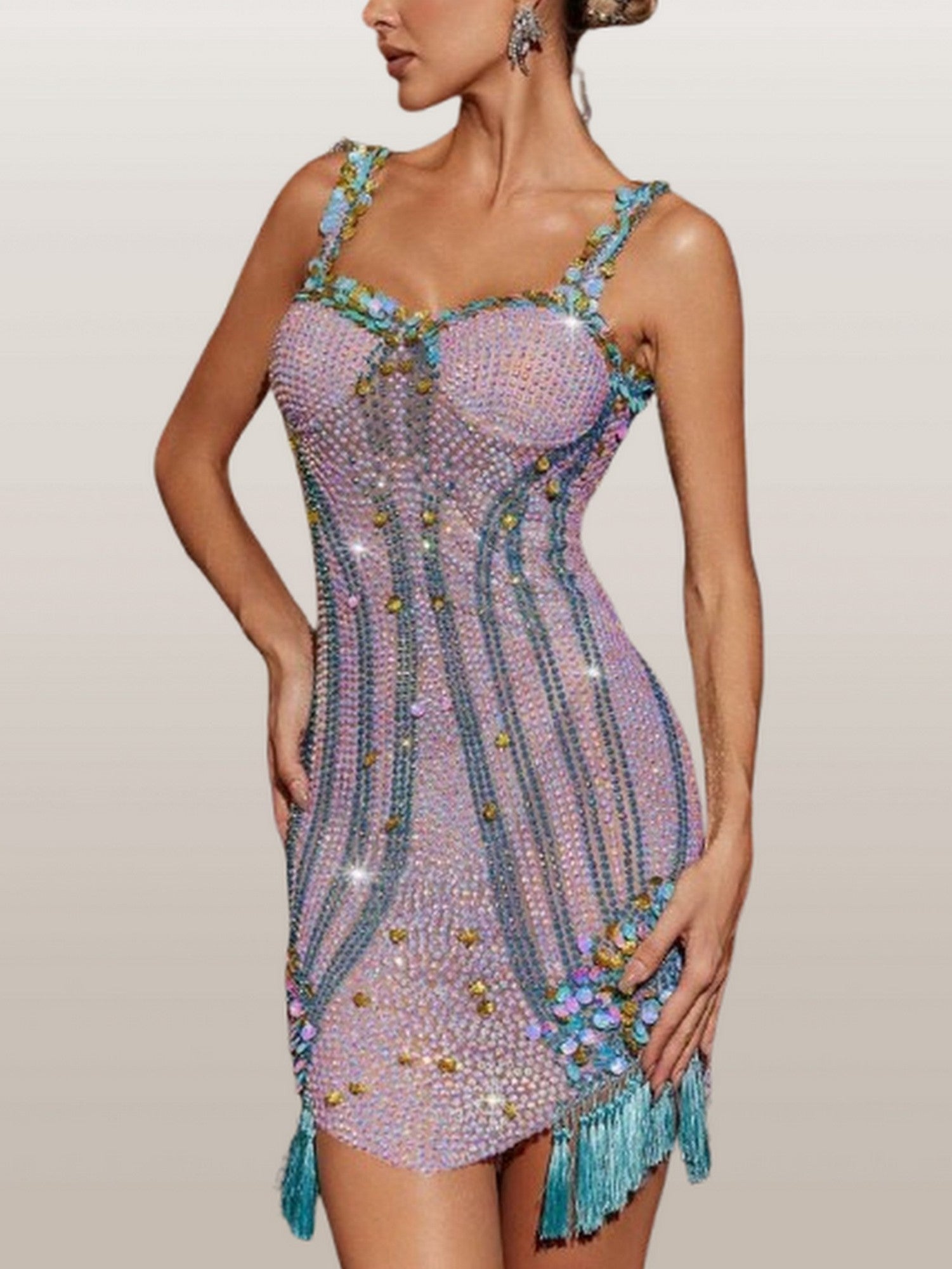 Crystal Embellished Mini Dress with Tassels - S - Dresses