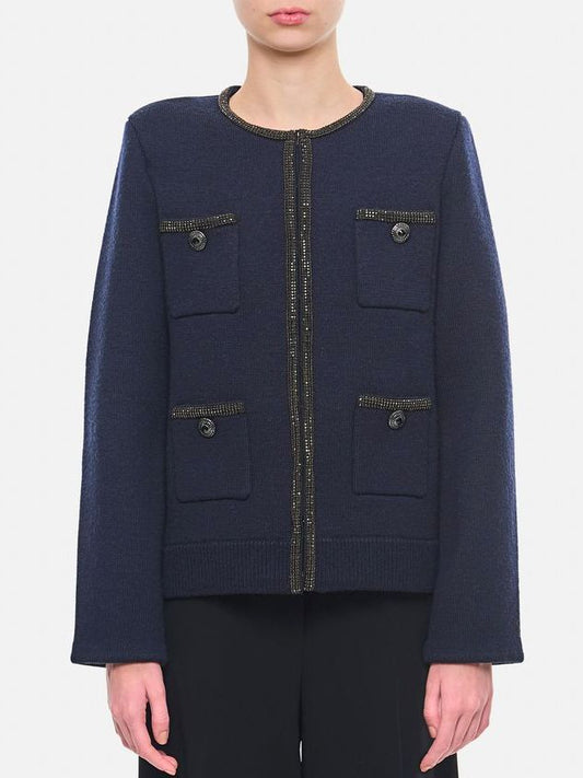 Crystal-Embellished Multi-Pocket Cardigan in Navy - Sweaters & Knitwear