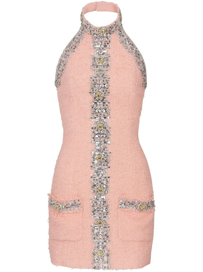 Crystal-Embellished Pink Tweed Halter Mini Dress - Dresses