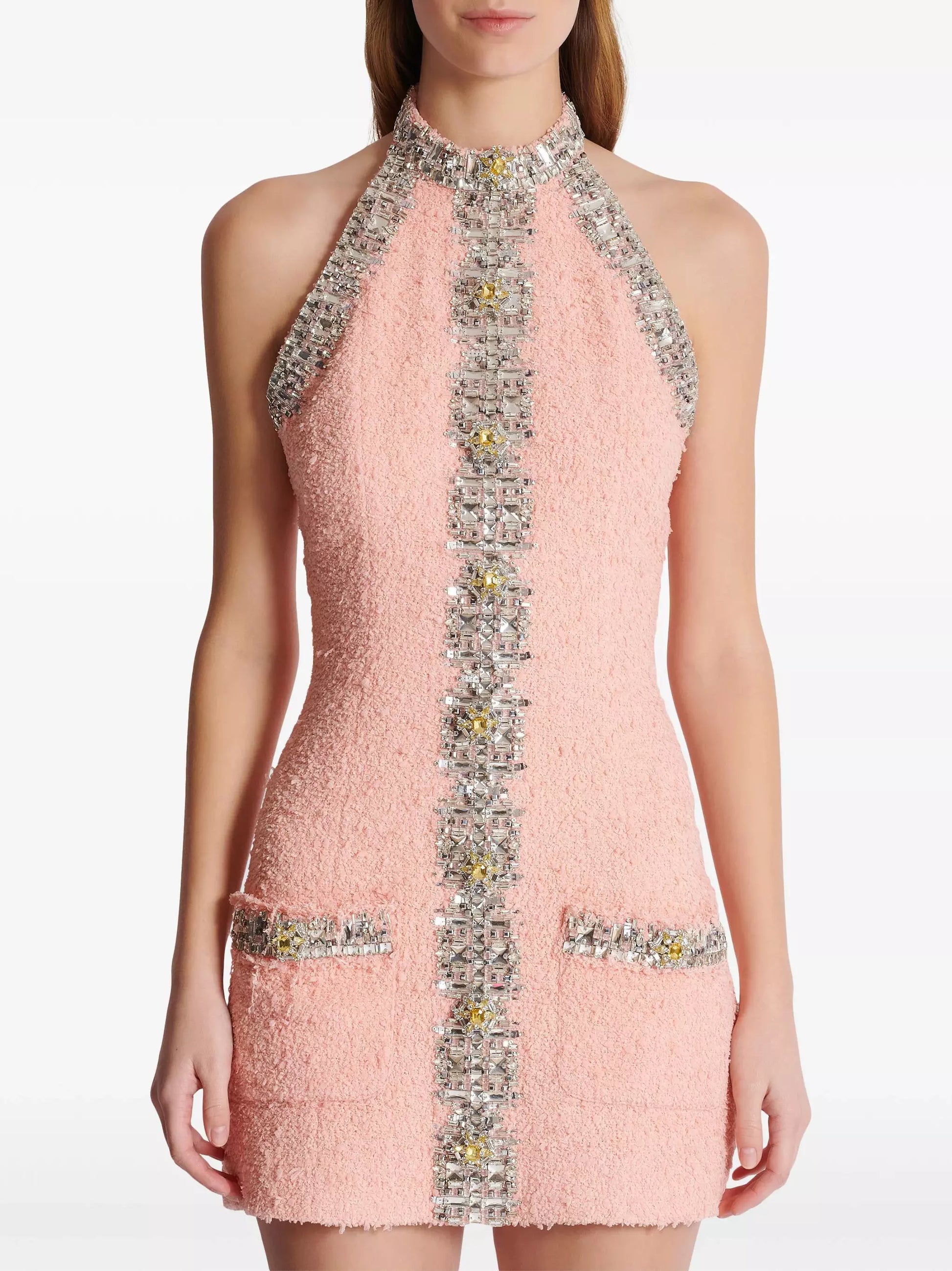 Crystal-Embellished Pink Tweed Halter Mini Dress - Dresses